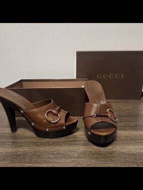 Gucci Brown Leather Platform Heeled Mules With Half Bit Detail, 8.5